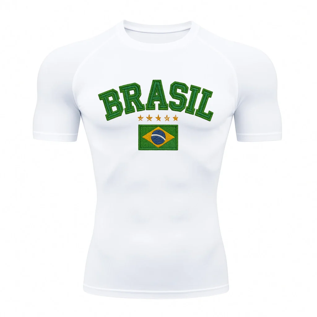 Camiseta Compressão Manga Curta UV Brasil Bandeira Estilo Bordado Colorido Varias Cores Rash Guard - Image 3